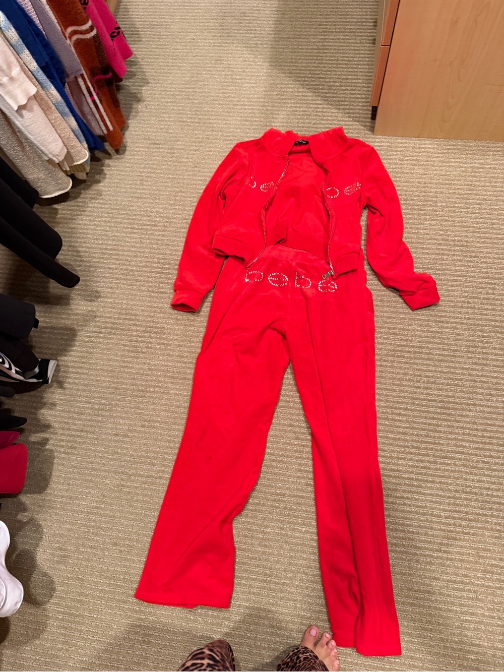 bebe Red Rhinestone Logo Velour Two-Piece Set